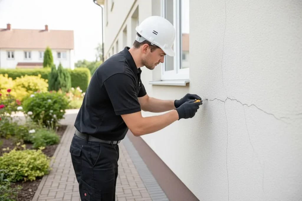 Building surveyor in hard hat inspecting a crack on an exterior wall during a dilapidations survey