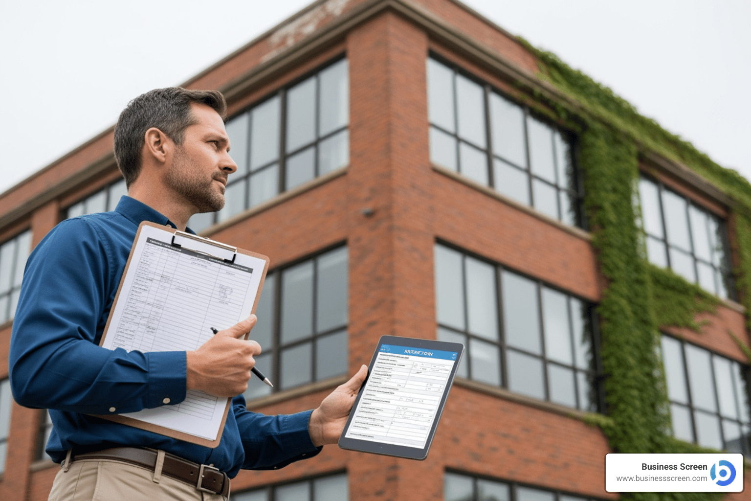 Professional surveyor holding clipboard and tablet outside a brick commercial building during a property inspection
