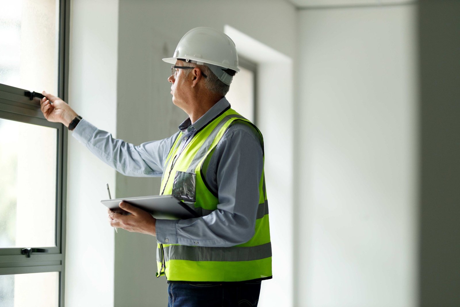 Surveyor in hard hat and hi-vis vest inspecting a window frame inside a commercial building with clipboard